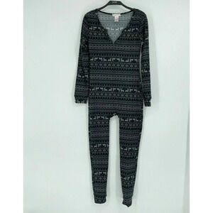 YADO One Piece Unionsuit Women's Sz S Gray Black Geometric V Neck Reindeer Soft